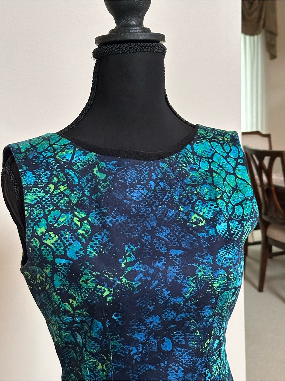 Tahari Teal and Navy Printed Sheath Dress - Picture 4 of 12
